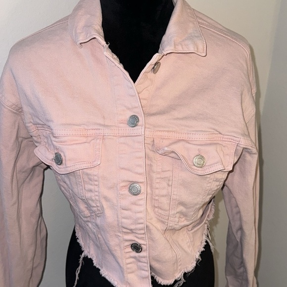 Papaya cropped Pale light pink jean jacket rah hem Sz‎ M cotton spandex - Picture 2 of 6